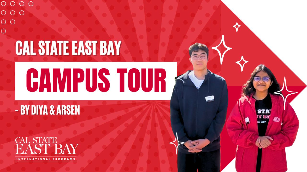 words "campus tour" with two students on red background