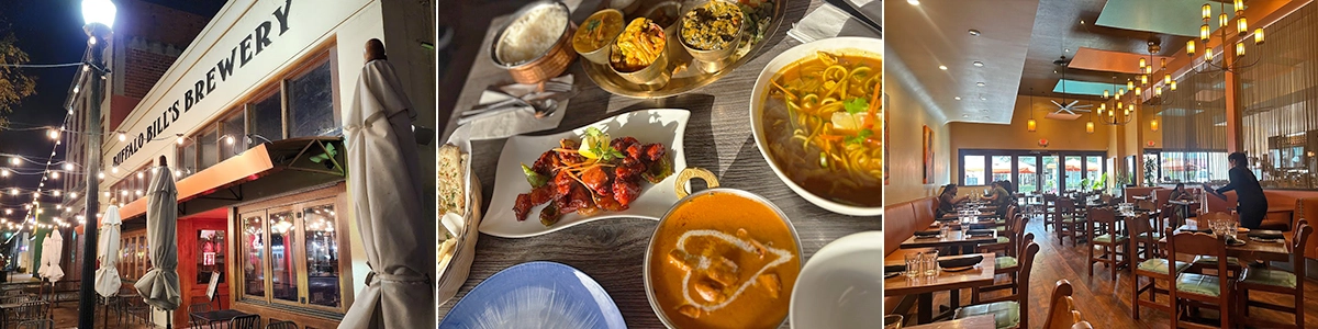 Left: Photo of Buffalo Bill's exterior, Middle: Various dishes from Aama's kitchen, Right: Interior of Casa del Toro restaurant