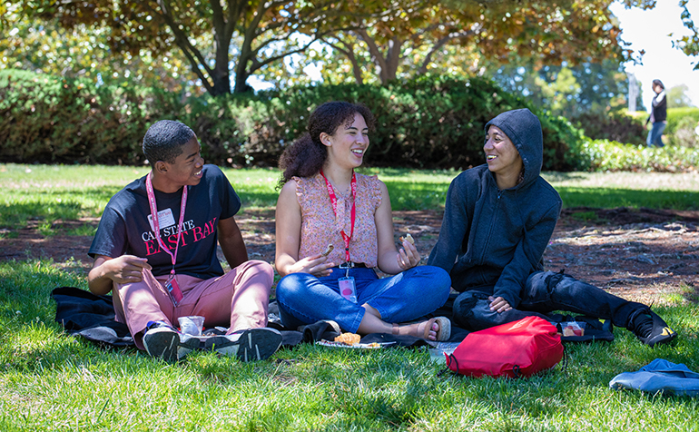 Three students sit and chat in the grass