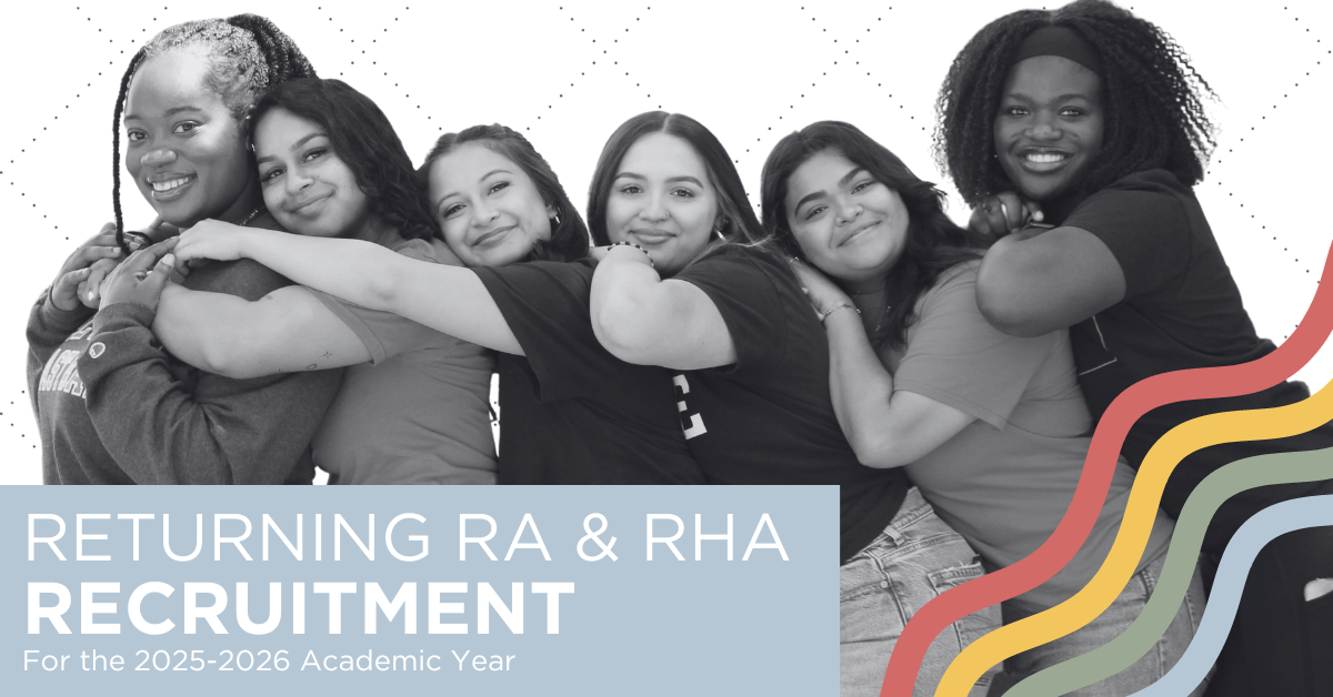 Picture of 4 student leaders wearing Cal State East Bay apparel standing in front of a residence hall with their arms around each other and laughing. 