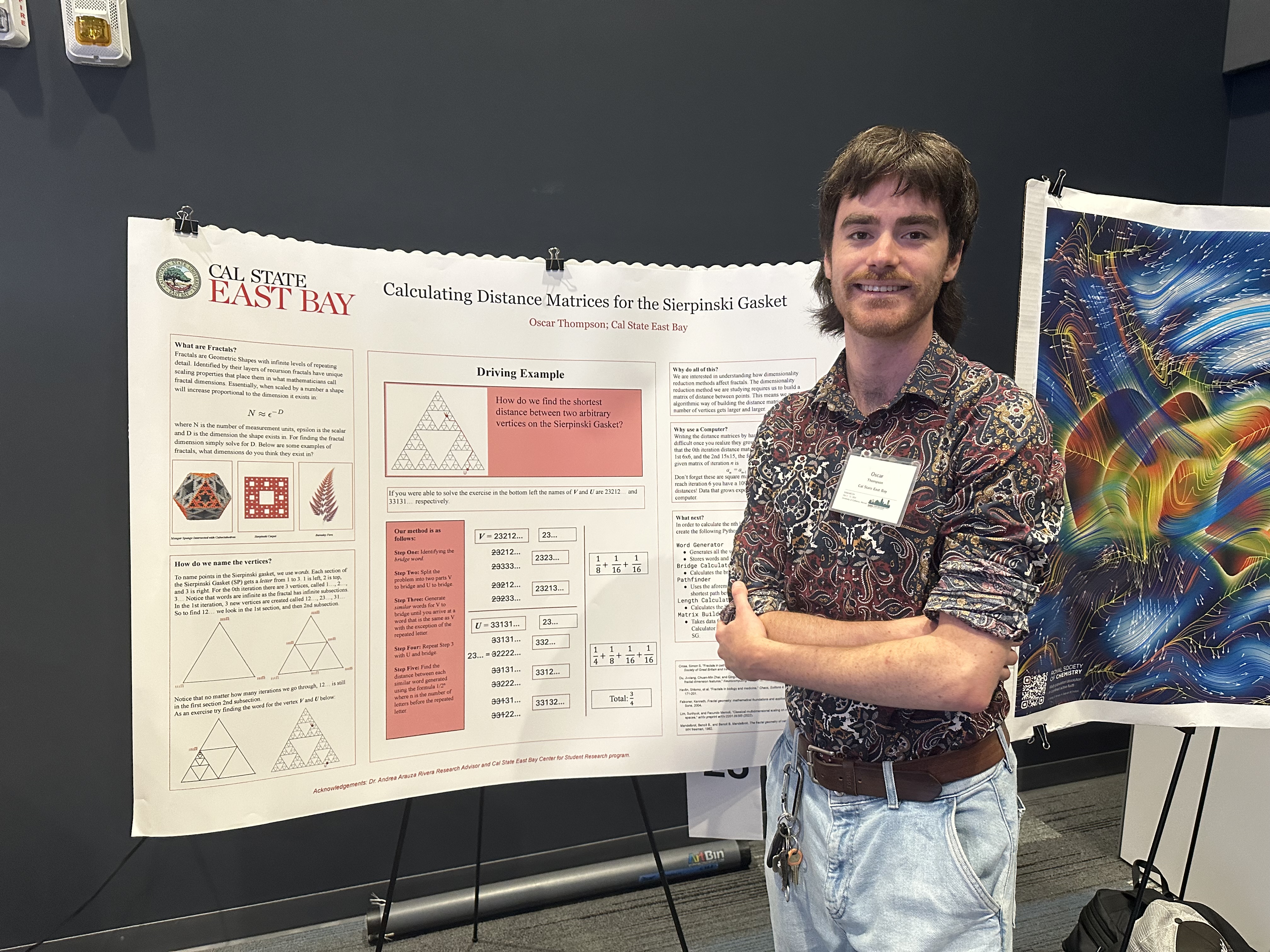 Picture of undergraduate math major Oscar Thompson in front of his poster.