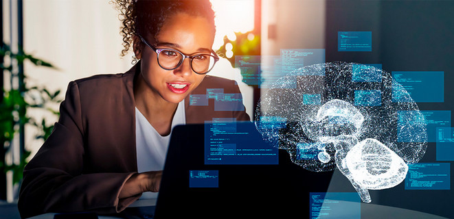 Young professionally-dressed woman with a laptop and computer code displayed around the screen