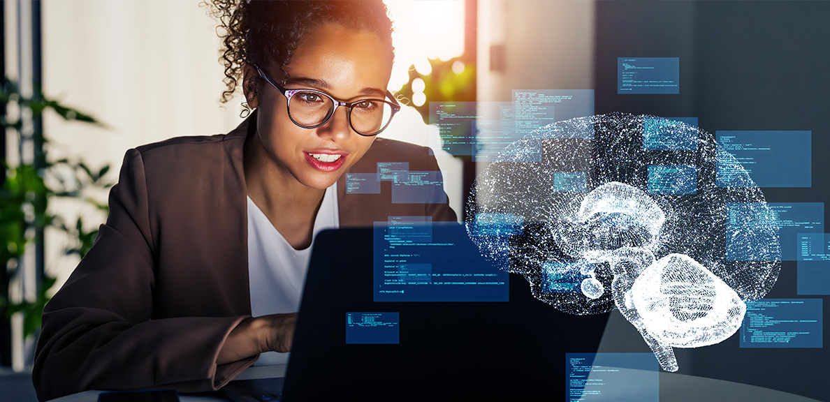 Young professionally-dressed woman with a laptop and computer code displayed around the screen