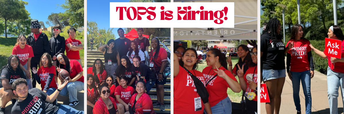 Banner with 4 photos showcasing TOPS students; text saying TOPS is Hiring